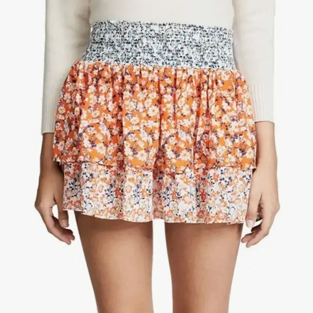 Ramy Brook Printed Annabelle Orange Floral Mini Skirt 100% Silk Size XS
